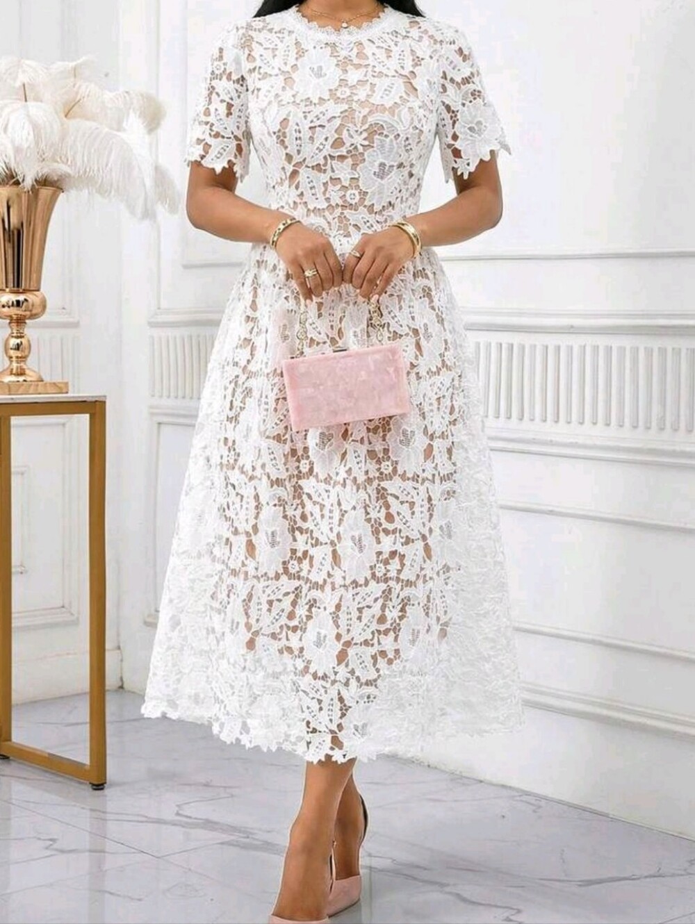 Elegant White Lace Midi Dress with Floral Overlay